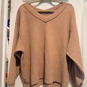 aerie Relaxed V-Neck Waffle Knit Sweater in Camel